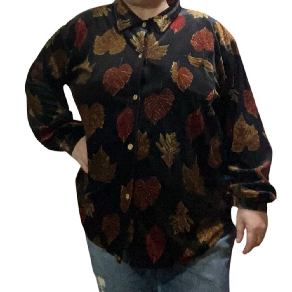 Cindy Bai Vintage Womens Fall Leaves Velvet Button Down Blouse Top Size 1X